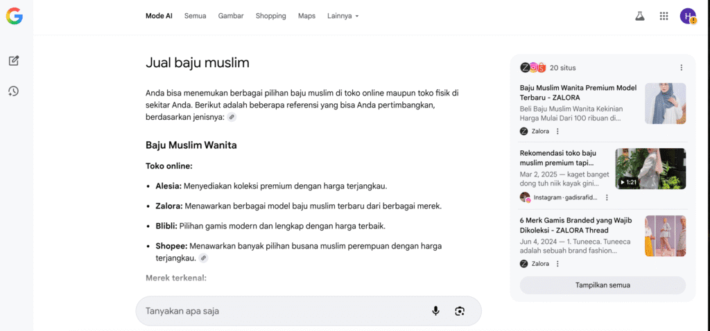 Hasil pencarian menggunakan Google Mode AI