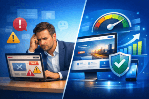 Ilustrasi perbandingan website murah dan website profesional terhadap pertumbuhan bisnis di tahun 2026