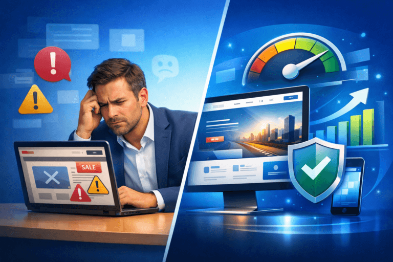 Ilustrasi perbandingan website murah dan website profesional terhadap pertumbuhan bisnis di tahun 2026