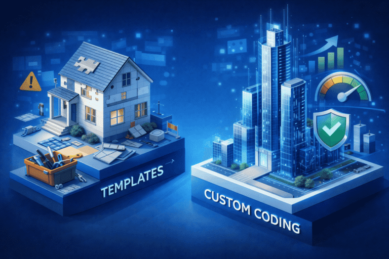 Visualisasi perbandingan performa website custom coding vs template.