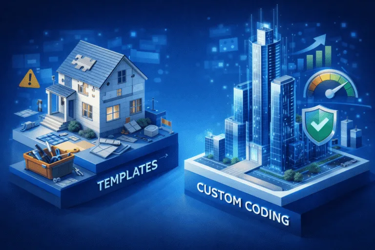 Visualisasi perbandingan performa website custom coding vs template.