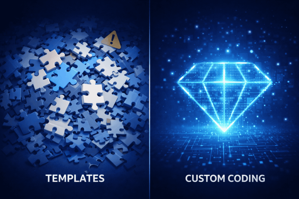 Perbedaan struktur backend website custom dan tema siap pakai.